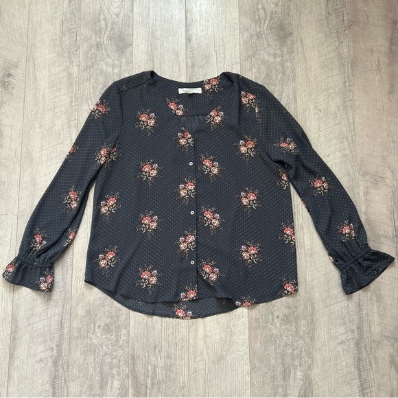 LOFT Gray and Pink Floral Top Sz Lg - Picture 1 of 7